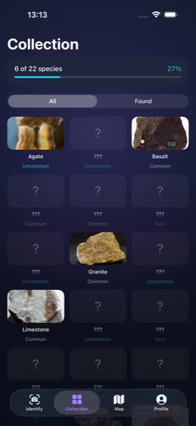 The collection grid, showing found species alongside ones still to find.