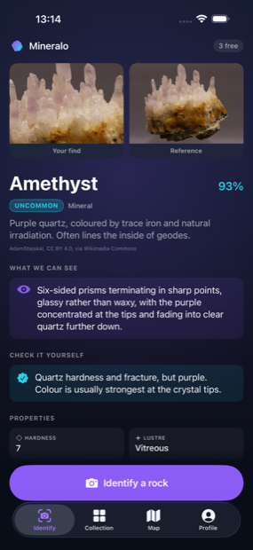 An identification of an agate, showing the confidence, what the model saw in the photograph, and how to check it yourself.